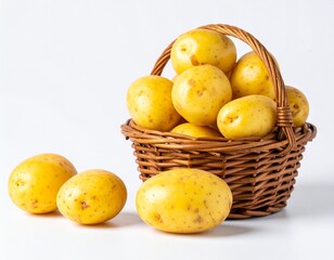A small basket of bright potatoes on a white background, and a few potatoes are also stacked in front of the basket