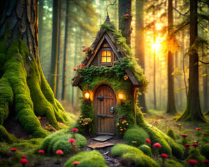 Fototapeta premium Fairy house in the forest. Whimsical fairy tale clay house in enchanted forest with glowing windows and magical atmosphere. Enchanted cottage surrounded by trees in a fairytale forest.