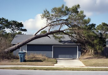 Photo of a large pine tree fallen on the roof and house, a grey-shingled modern home