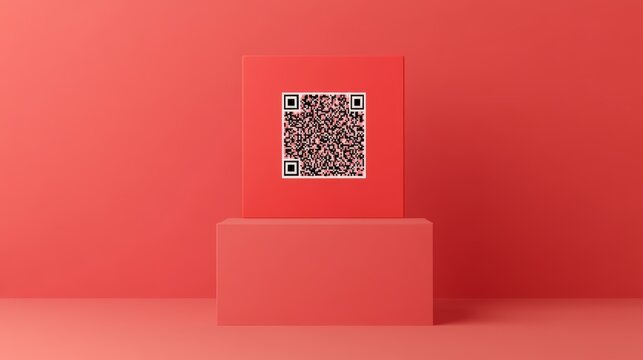 Bright Red Background with QR Code on a Pedestal for Modern Marketing and Digital Engagement Strategies in Advertising Campaigns