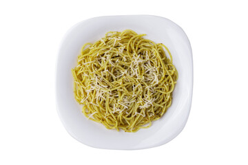 Italian pasta spaghetti on a plate with pesto sauce and parmesan cheese isolated over white background