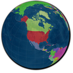 Illustration of a globe that highlights the countries of the world clearly. United States is positioned in the center of the image, showing other major countries