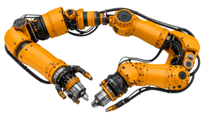 Disassembled robotic arm showing internal gears, pistons, and wiring, laid out neatly on a white Background
