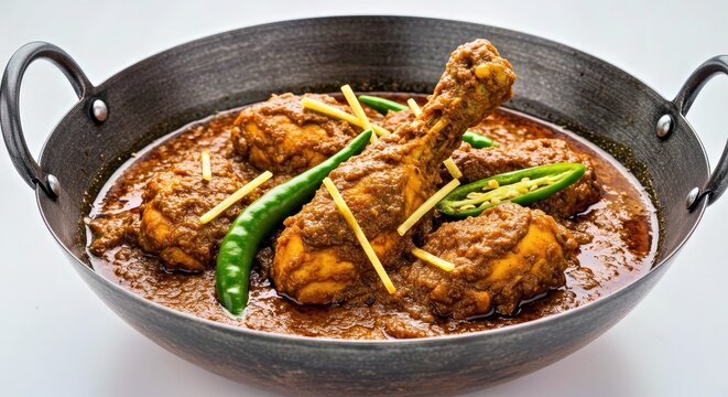 Chicken karahi in an iron wok with fresh ginger