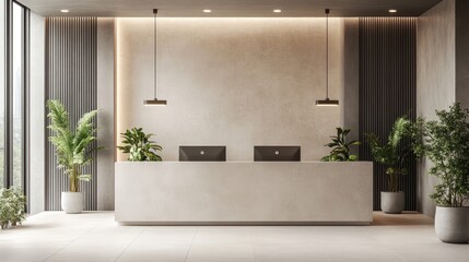 Modern minimalist reception area design with neutral tones.