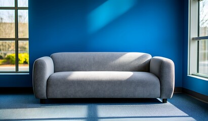 A gray sofa against a blue wall in a modern office interior, a flat lay. 