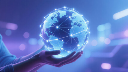 Hand Gripping a Radiant Globe, Light Bridges Signifying Worldwide Web Connectivity