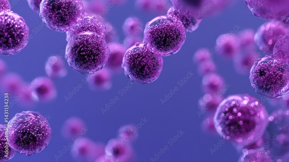 Poster abstract purple spheres with internal particles floating in a blue space creating a futuristic and s