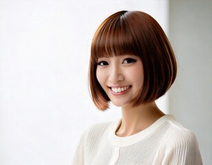 Fototapeta premium 笑顔の若い女性, ボブカット, すっきりスタイル, 自然光, 白いブラウス, 清潔感のある白背景, リアルな描写, 柔らかい光, シャープなフォーカス, 高精細, a smiling young woman, bob cut, neat and clean style, natural lighting, white blouse, clean white background