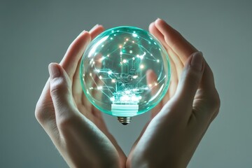 A glowing glass bulb with circuit board inside, held gently in hands, symbolizing innovation and technology.