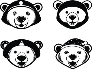 Cute Polar Bear Head Icons in Christmas Hats, Vector Silhouette Set, Happy Cartoon Polar Bear Faces with Holiday Hats, angry Silhouette Vector, Christmas Polar Bear Head Clipart Set, Cute Winter icon.