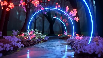 Fantasy forest scene with a path leading through illuminated glowing sakura trees and a neon archway. Mystical and atmospheric with vibrant pink and blue hues. Serene landscape - Powered by Adobe
