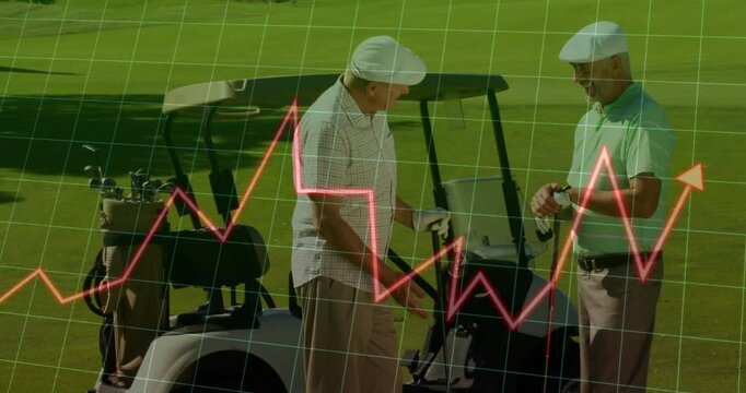 Two golfers standing beside golf cart on fairway, analyzing financial trend graph overlaid on grid - Powered by Adobe