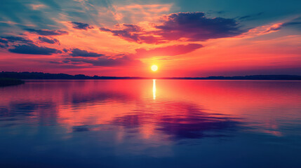 Fototapeta premium vivid sunset over calm lake with ripples reflecting colorful sky, creating serene and peaceful atmosphere. vibrant hues evoke sense of tranquility and beauty