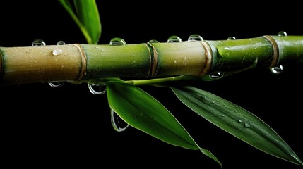 Fototapeta premium Bamboo stems and leaves with water droplets. Fresh green plant after rain on black background.