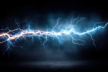 Electric discharge in dark background with dramatic lightnings and energy powerful strike and thunderbolt in a storm with blue and white lightnings in a dark background