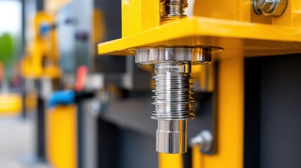 Close-up of a shiny metal connector on industrial machinery with blurred background elements