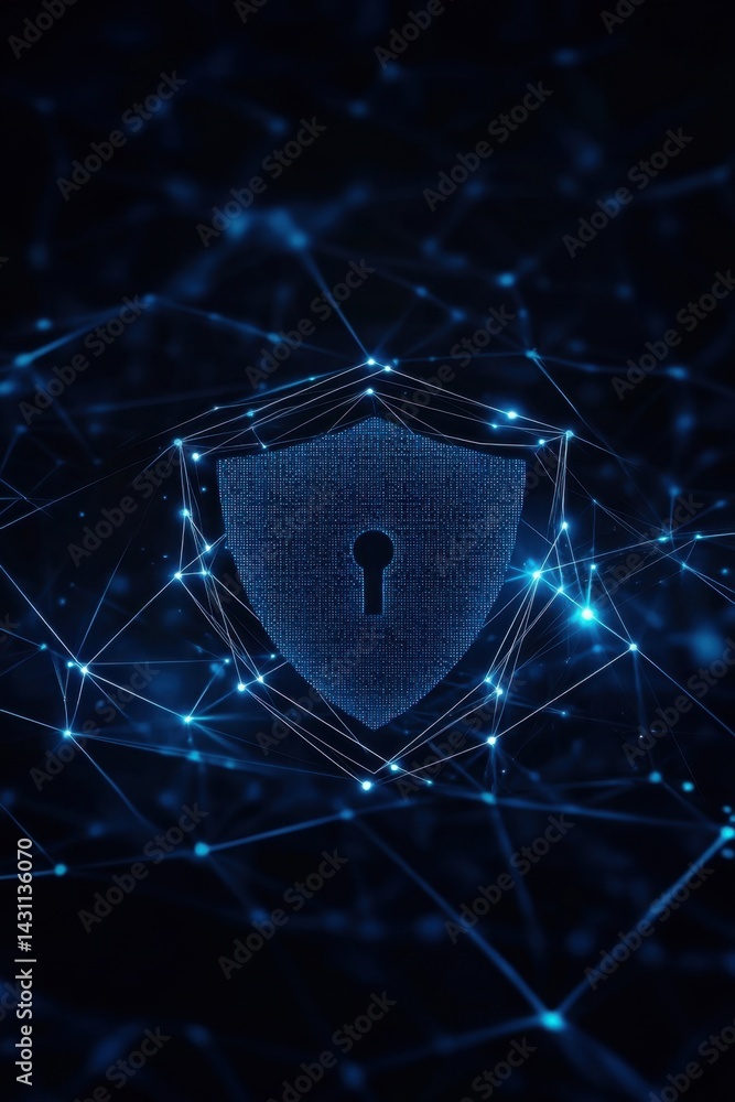 Poster digital shield with keyhole abstract security network connection on dark blue background for data pr