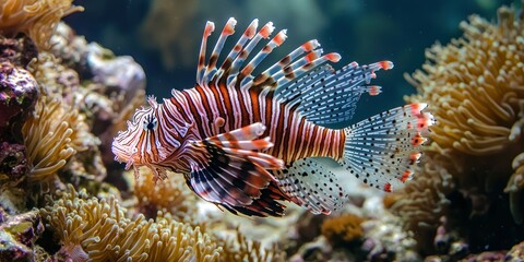 A stunning lionfish with red and white stripes resting near anemones and coral
