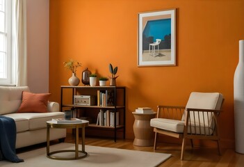 Interior design of a living room with orange walls, a wooden shelf with decorations, a metal coffee table, and a beige armchair, minimalist style