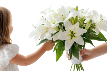 Child Receiving Lily Bouquet: A young girl, dressed in white, gazes with delight at a beautiful bouquet of white lilies being presented to her. The innocence of the child.