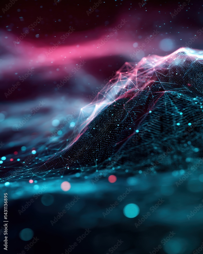 Poster abstract technological landscape with glowing dots and lines representing data flow in a digital spa
