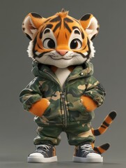 Adorable tiger cub dressed in camo attire.
