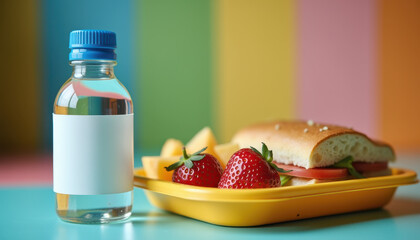 Water bottle label mockup. Colorful school lunch setting with labeled water bottle for kids branding