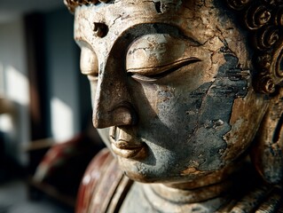 Close-up of serene Buddha statue, weathered bronze-gold tones