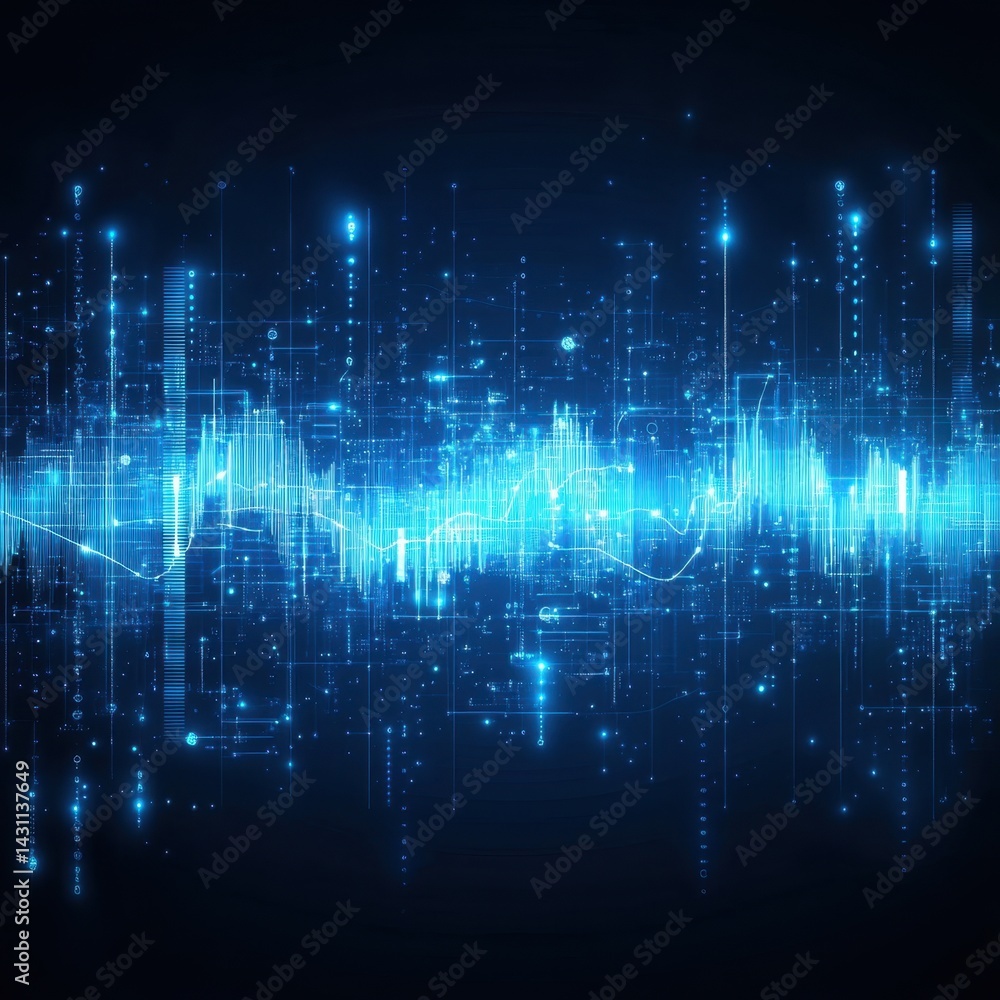 Poster abstract data visualization with blue glowing lines and dots on a dark background creating a futuris