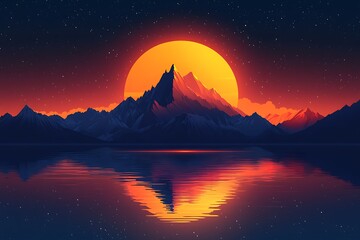 Abstract Mountains Reflecting in Lake with Setting Sun and Starry Night View
