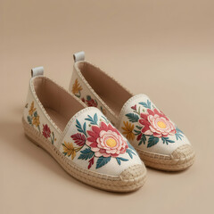 Fototapeta premium A pair of espadrille shoes with floral embroidery on a beige background in a studio setting