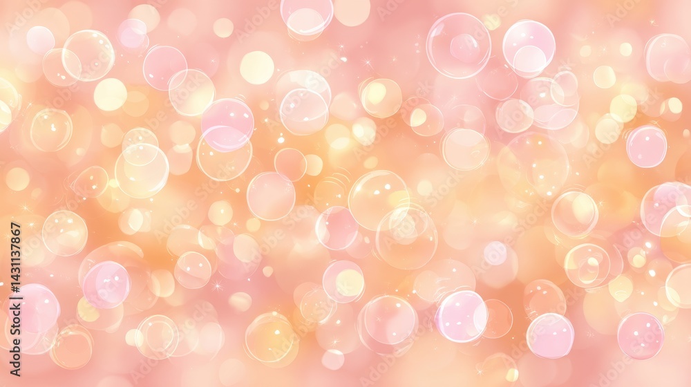 Poster ethereal bubbles floating in a soft pink and orange dreamy background creating a magical and whimsic