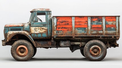 Old rusty truck with orange bed parked on a white surface side view.