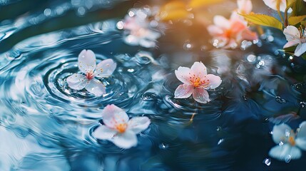 Delicate pink cherry blossoms gently floating on rippled water surface.