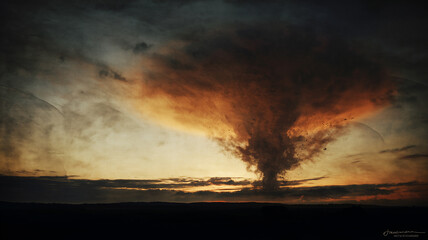 Fototapeta premium a dramatically intense scene of multiple atomic-style explosions erupting across a scorched landscape