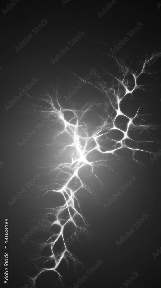 Poster abstract fractal lightning design with bright glowing branches on a dark gray background creating a 