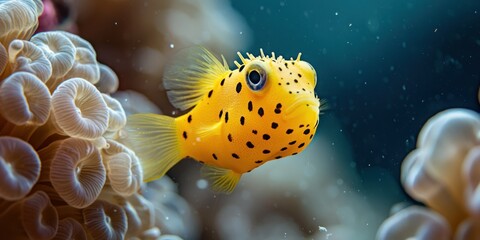 A tiny yellow boxfish swimming among anemones, its unique shape and movement captured in detail