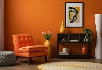 Orange armchair next to a wooden table with an orange vase and tulips in a room with yellow walls, a wooden shelf 