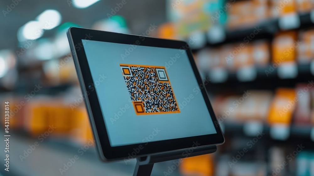 Poster qr code display on tablet in retail environment for marketing and advertising purposes in store sett