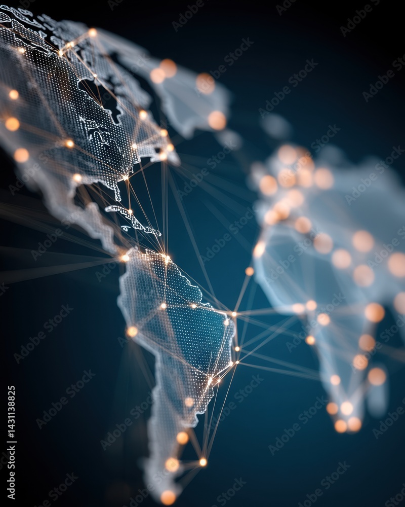 Poster global network connecting world continents with glowing nodes and lines on dark background depicting