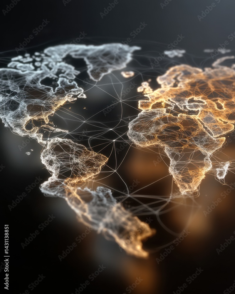 Poster global network connection concept with glowing continents and interconnected lines representing data