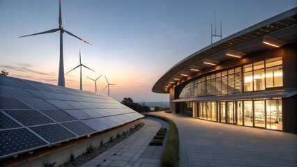 Naklejka premium Rooftop Solar Panels in Futuristic Architecture