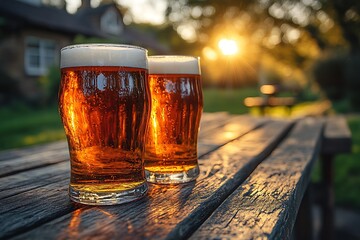 Two glasses of beer on a wooden table at sunset