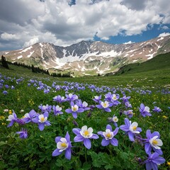 Obraz premium Mountain meadow with blue columbine flowers in the foreground, snow-capped peaks in the background, and a dramatic cloudy sky.