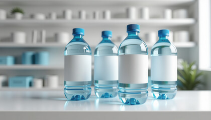 Water bottle label mockup. Blank label branding mockup for bottled water on display shelf