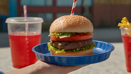 Hand Holding a Delicious Hamburger with Lettuce and Tomato