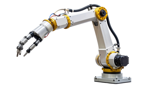 Futuristic Metallic Robotic Arm with Hydraulic Tubes on White Background
