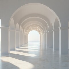 Obraz premium White arched corridor with light at the end, casting shadows on the floor.