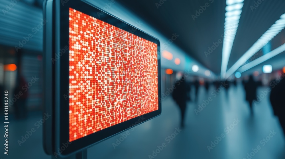 Poster abstract red digital display in modern station with blurred passengers creating dynamic urban atmosp